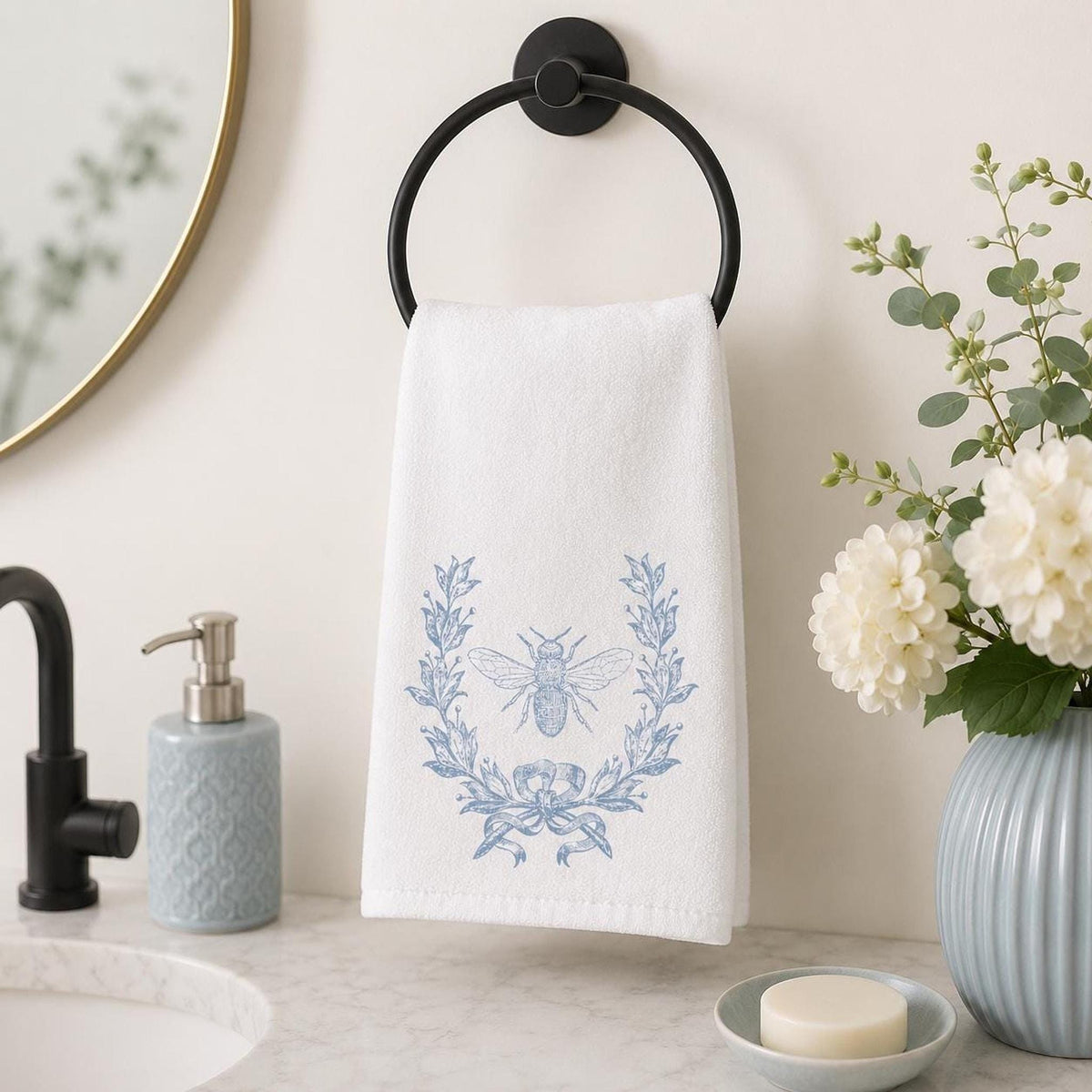 Bee Hand Towel, Blue Botanical Design for Powder Room Decor