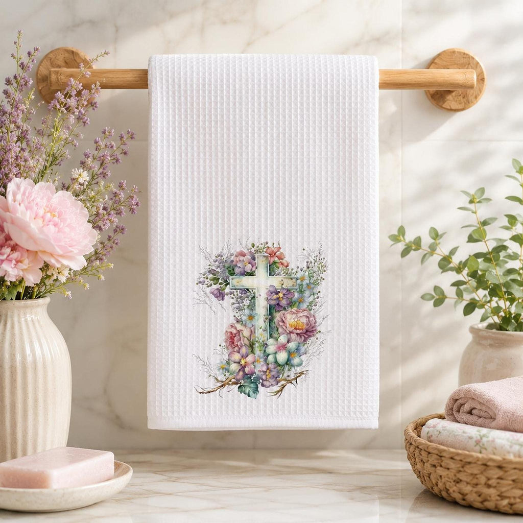 Floral Cross Waffle Towel, Spring Kitchen Decor with Pastel Flowers