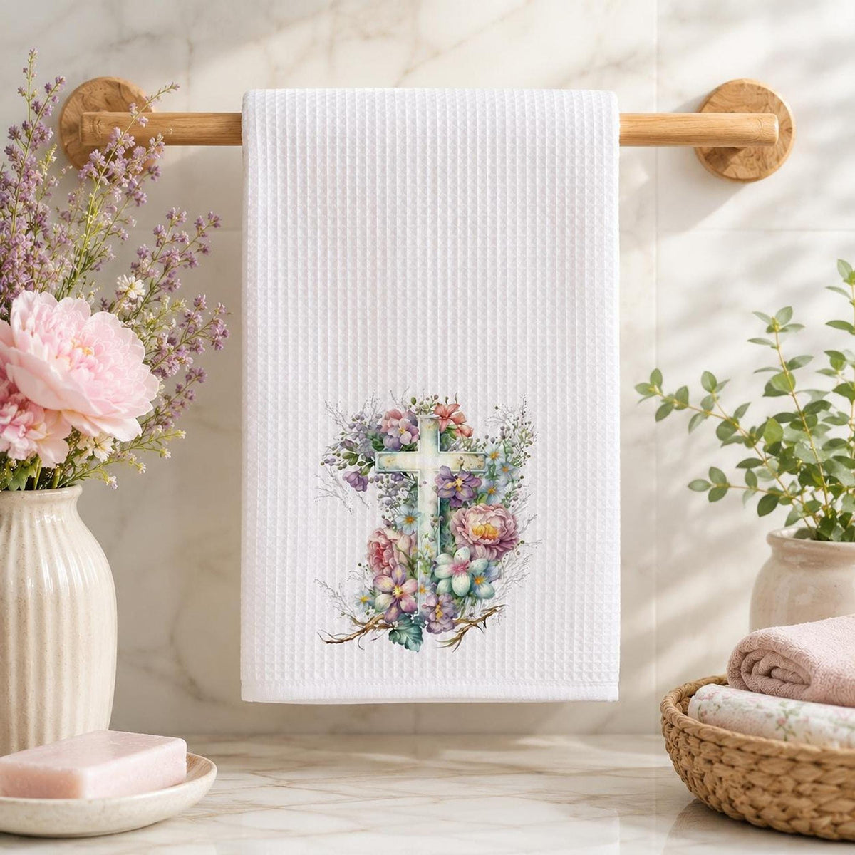 Floral Cross Waffle Towel, Spring Kitchen Decor with Pastel Flowers