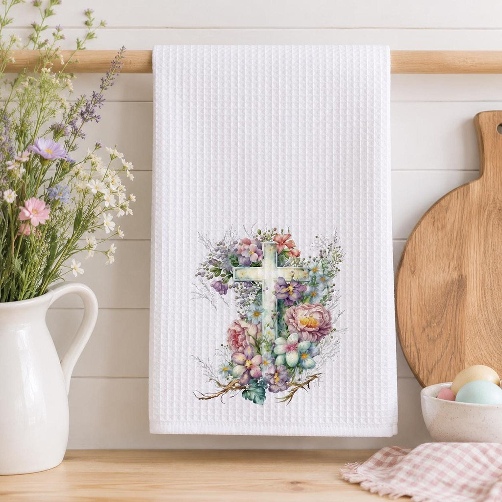 Floral Cross Waffle Towel, Spring Kitchen Decor with Pastel Flowers