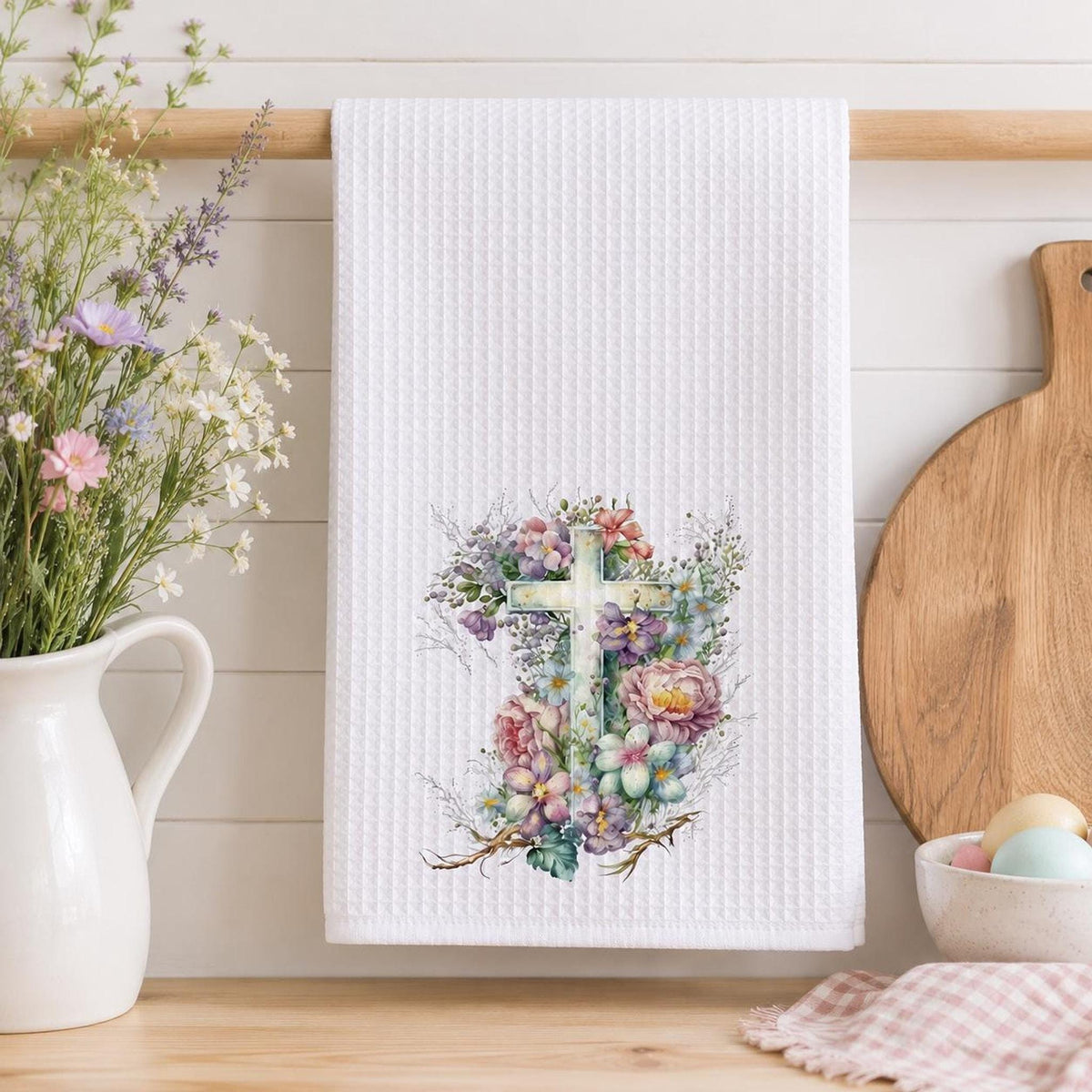 Floral Cross Waffle Towel, Spring Kitchen Decor with Pastel Flowers