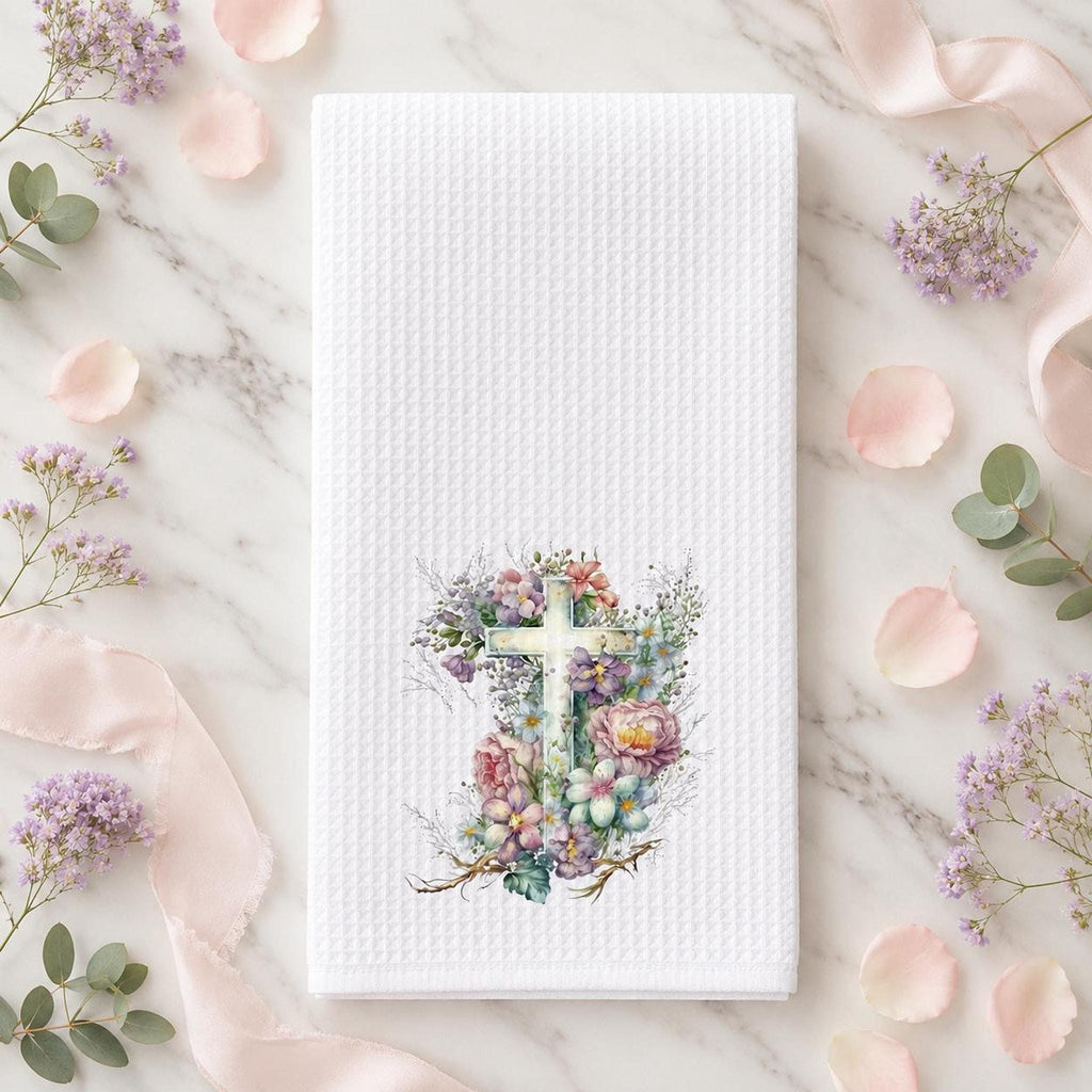 Floral Cross Waffle Towel, Spring Kitchen Decor with Pastel Flowers