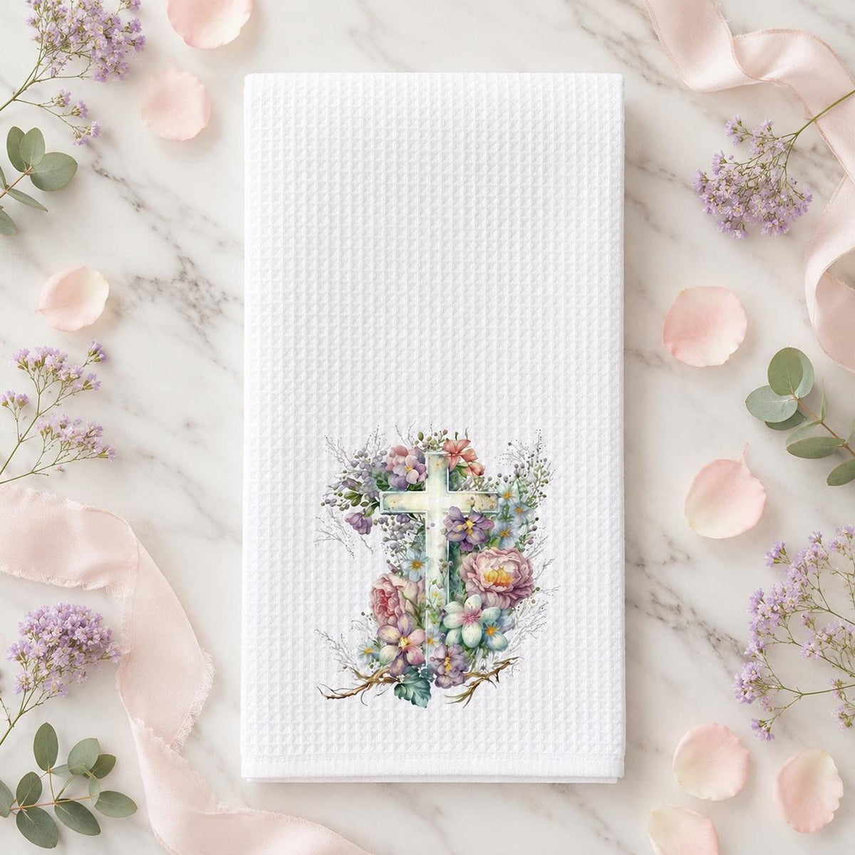 Floral Cross Waffle Towel, Spring Kitchen Decor with Pastel Flowers