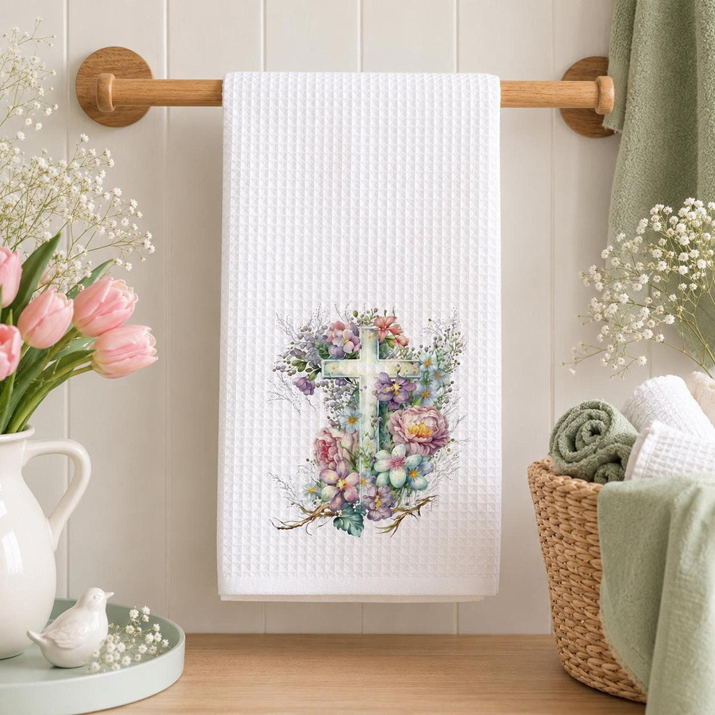 Floral Cross Waffle Towel, Spring Kitchen Decor with Pastel Flowers
