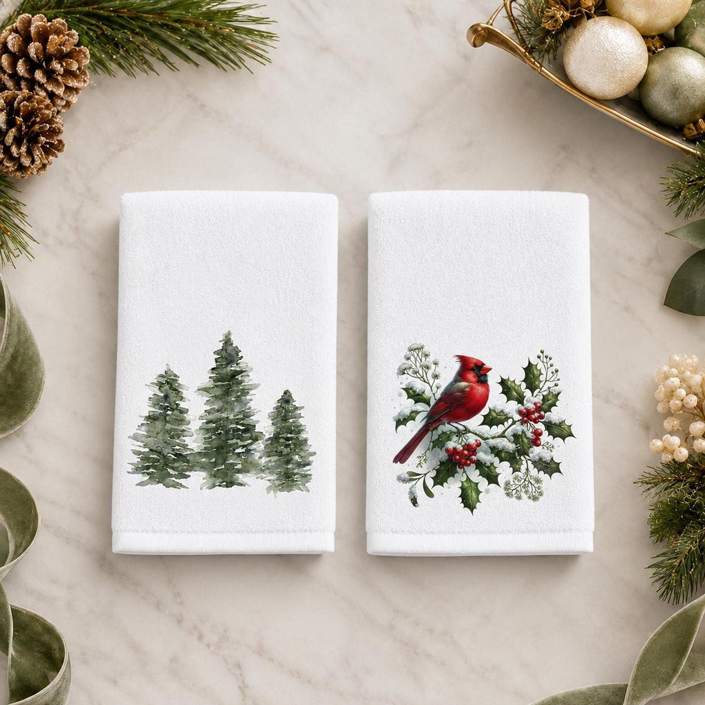 Christmas Towel Set, Cardinal & Evergreen Fingertip for Holiday Decor