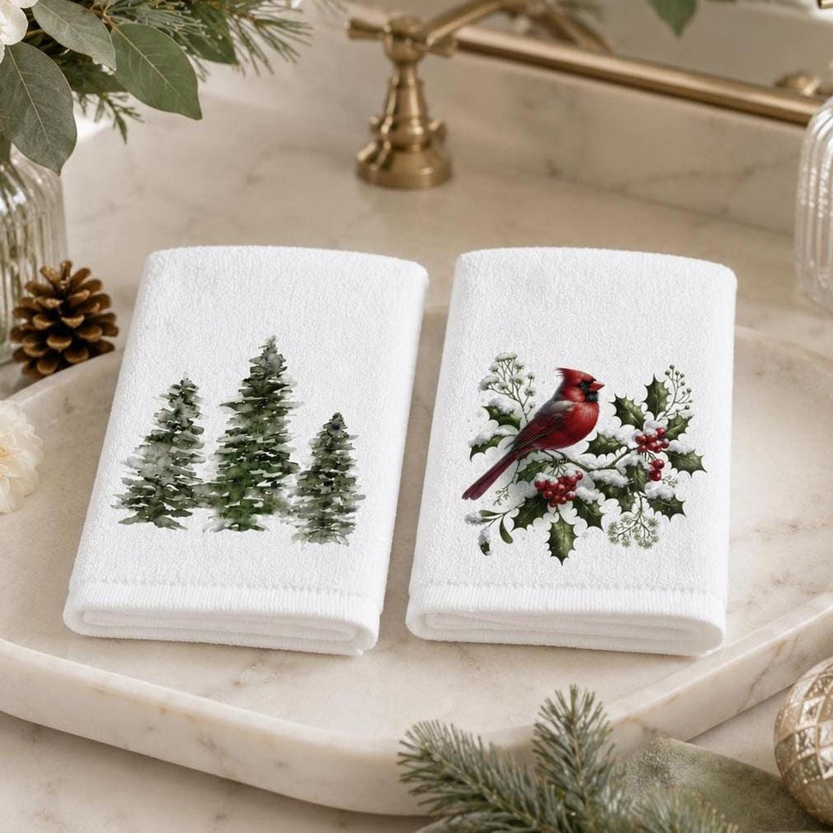 Christmas Towel Set, Cardinal & Evergreen Fingertip for Holiday Decor