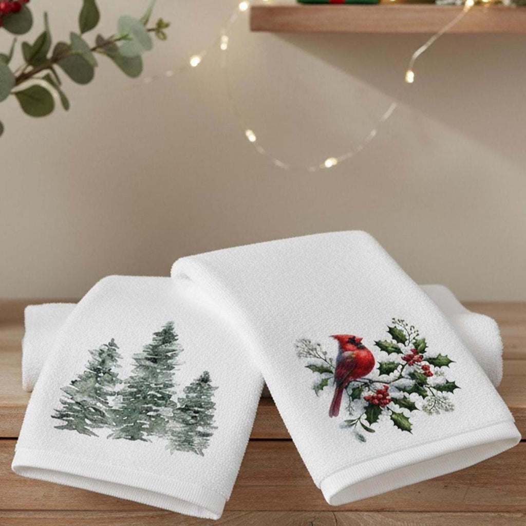 Christmas Towel Set, Cardinal & Evergreen Fingertip for Holiday Decor