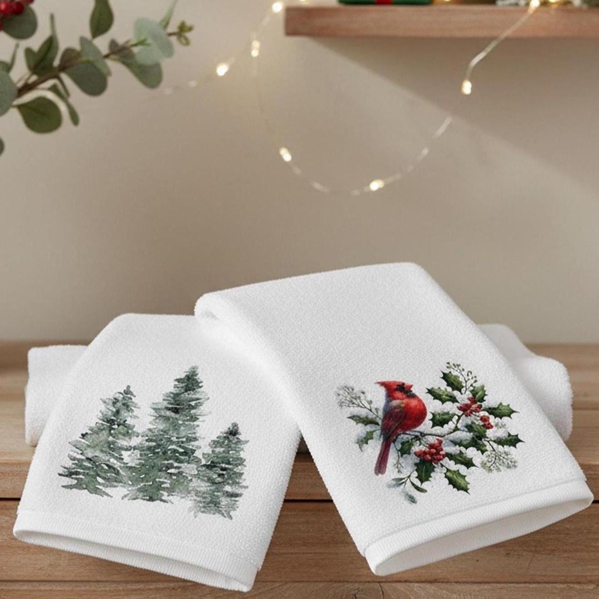Christmas Towel Set, Cardinal & Evergreen Fingertip for Holiday Decor