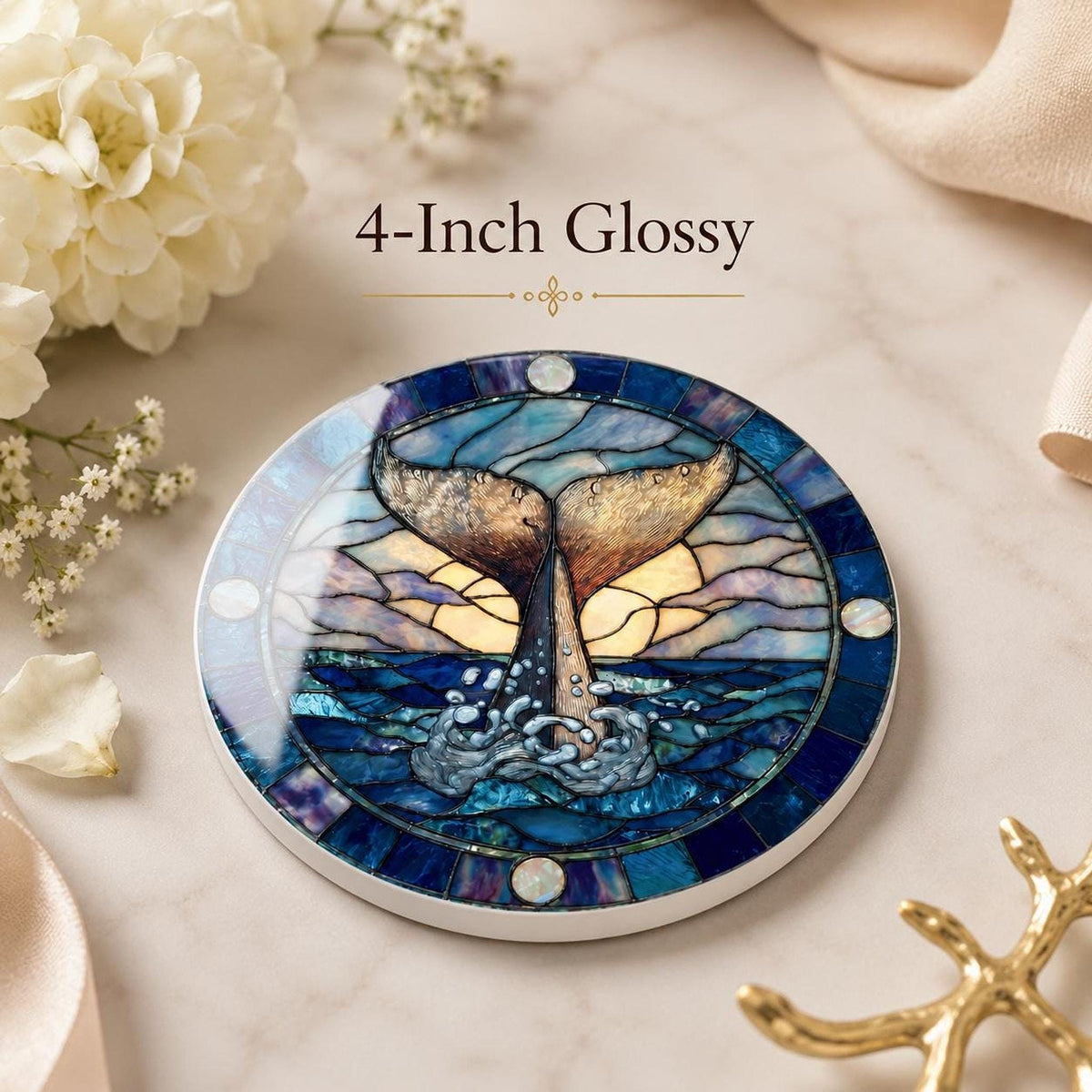 Whale Tail Ceramic Coaster, Nautical Ocean Decor with Cork Backing
