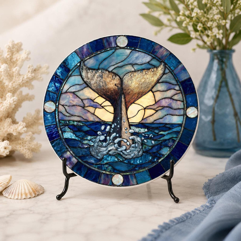 Whale Tail Ceramic Coaster, Nautical Ocean Decor with Cork Backing