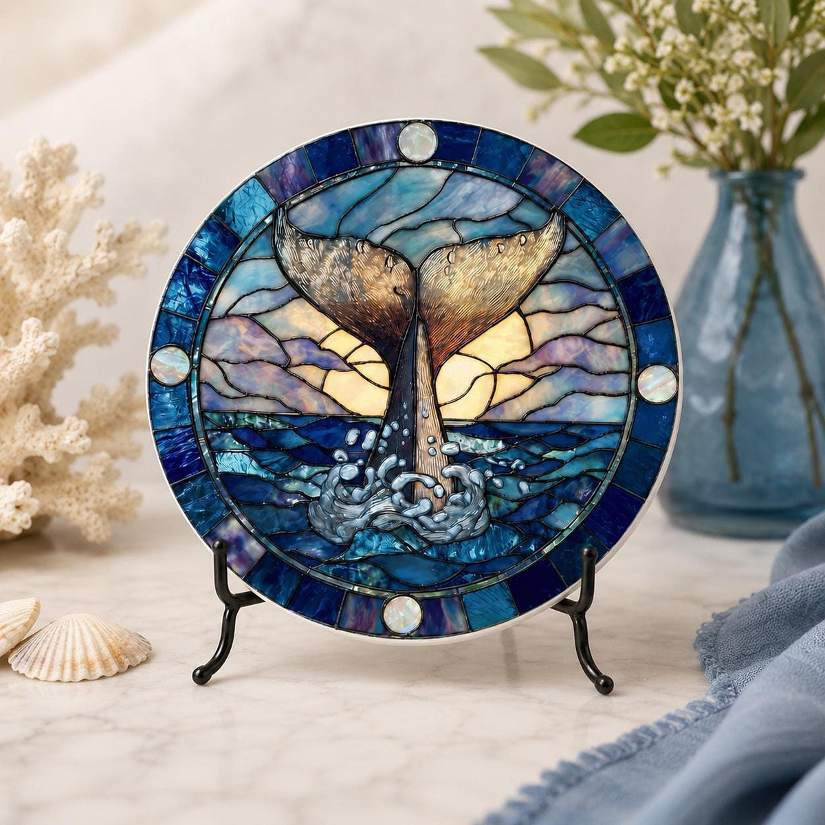 Whale Tail Ceramic Coaster, Nautical Ocean Decor with Cork Backing