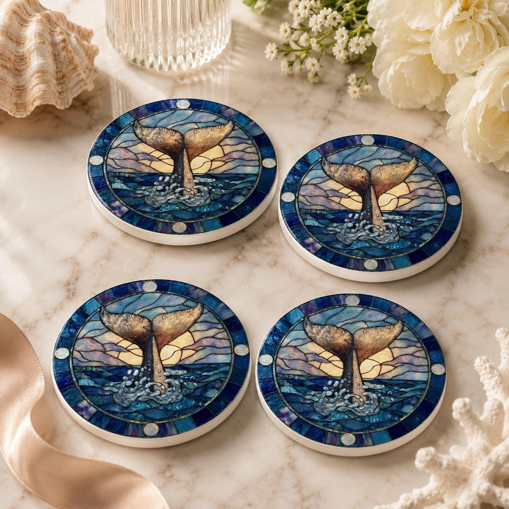 Whale Tail Ceramic Coaster, Nautical Ocean Decor with Cork Backing