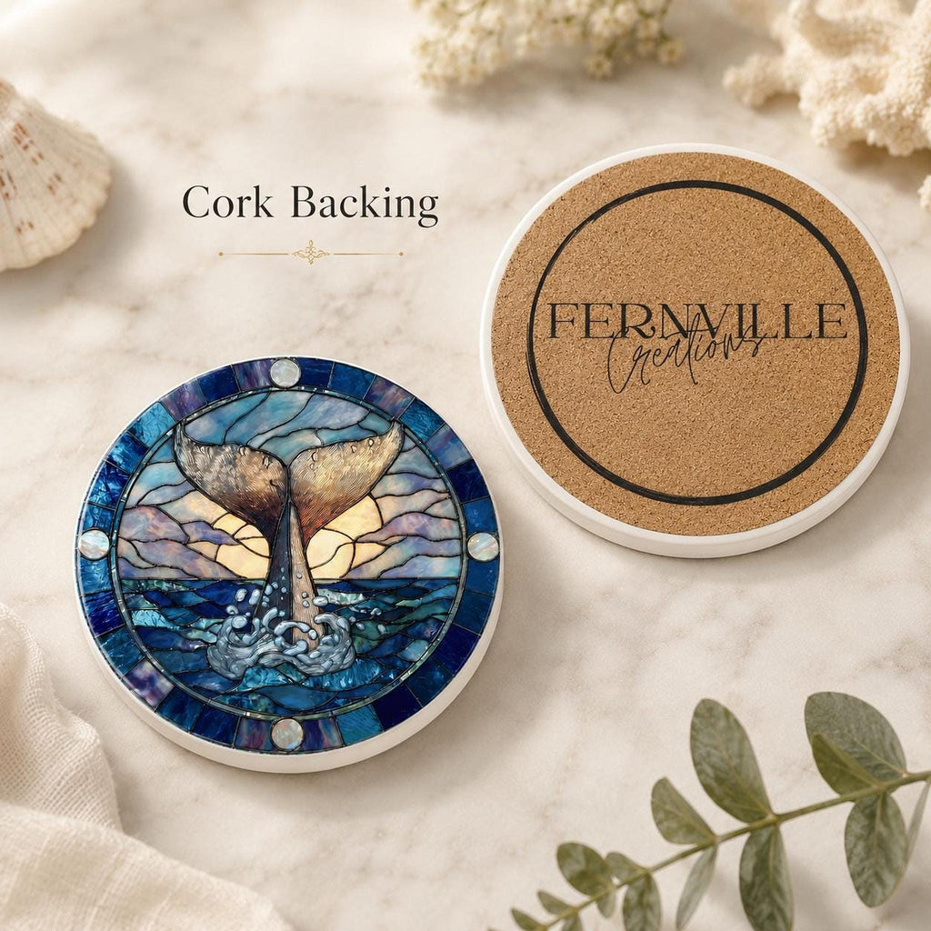 Whale Tail Ceramic Coaster, Nautical Ocean Decor with Cork Backing