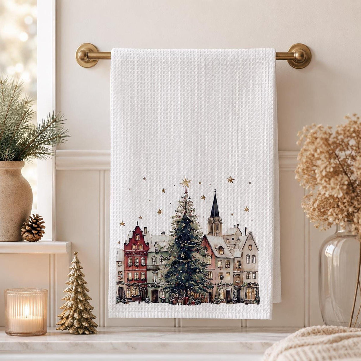 Christmas Towel with Winter Village Design, Waffle Hand for Kitchen or Bath