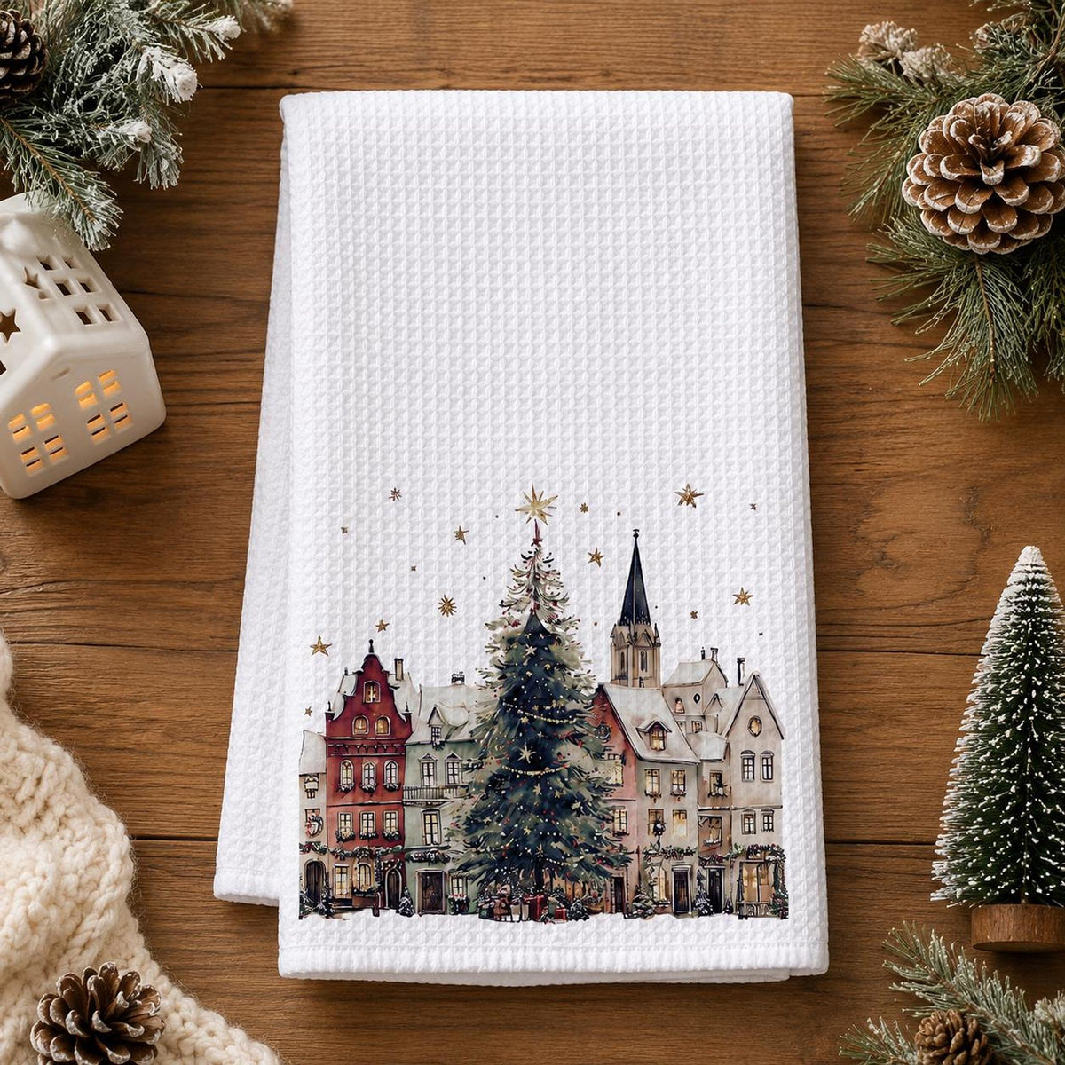 Christmas Towel with Winter Village Design, Waffle Hand for Kitchen or Bath
