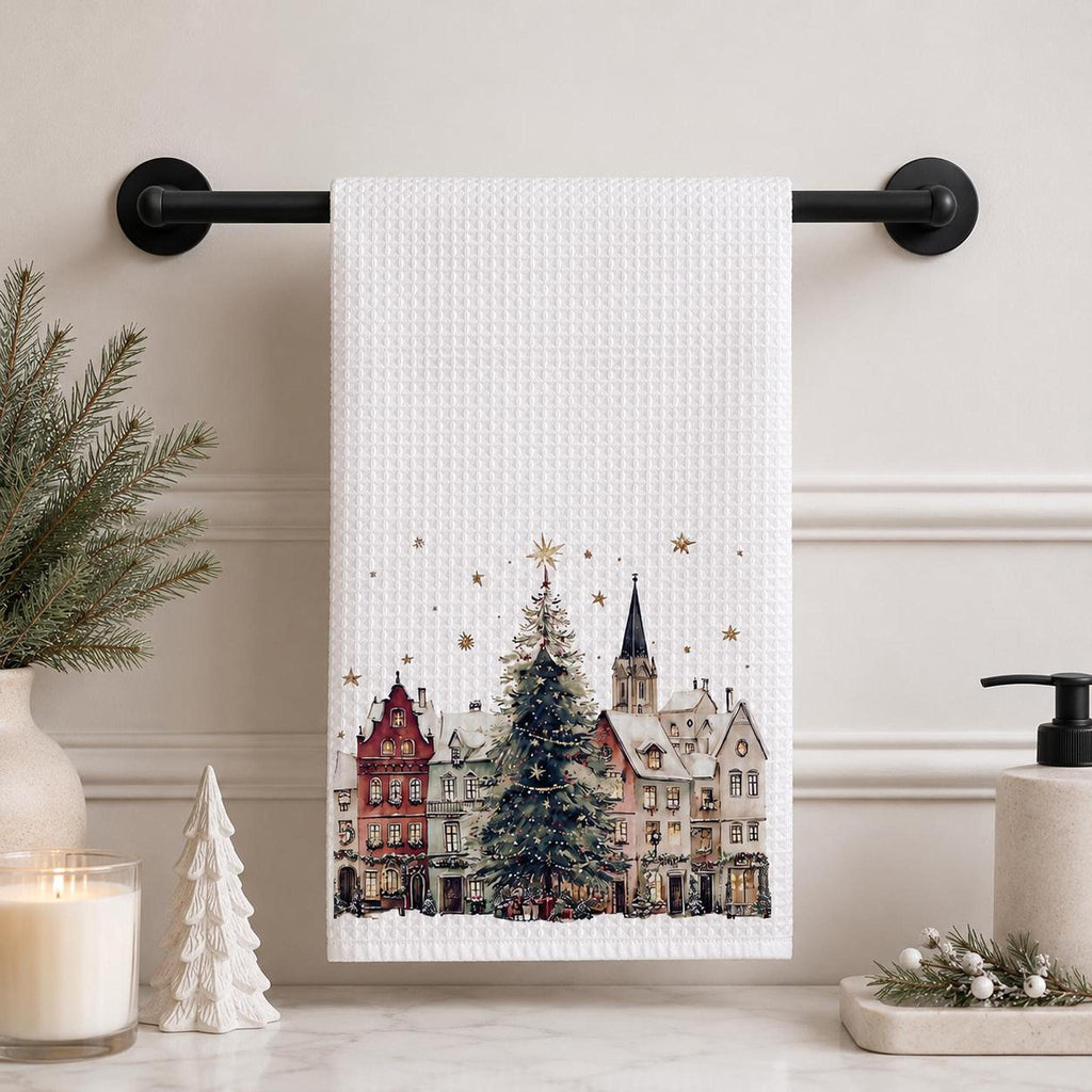 Christmas Towel with Winter Village Design, Waffle Hand for Kitchen or Bath