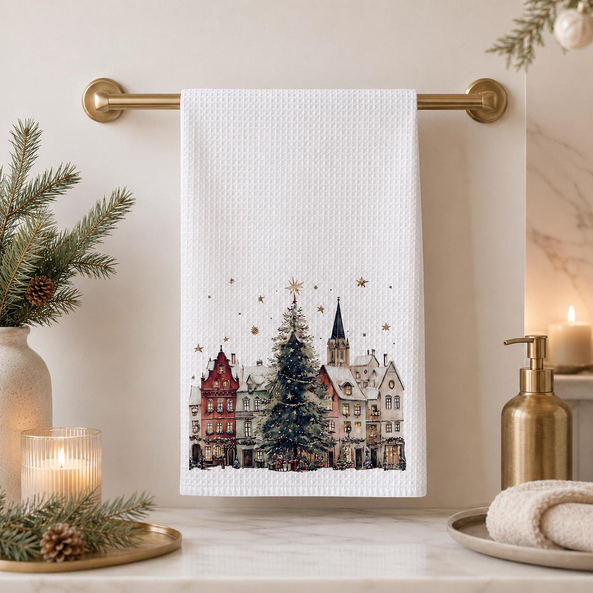 Christmas Towel with Winter Village Design, Waffle Hand for Kitchen or Bath