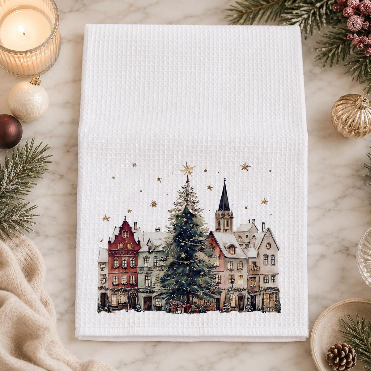 Christmas Towel with Winter Village Design, Waffle Hand for Kitchen or Bath