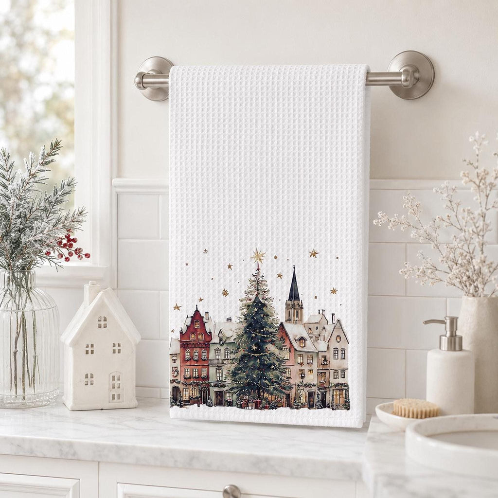 Christmas Towel with Winter Village Design, Waffle Hand for Kitchen or Bath