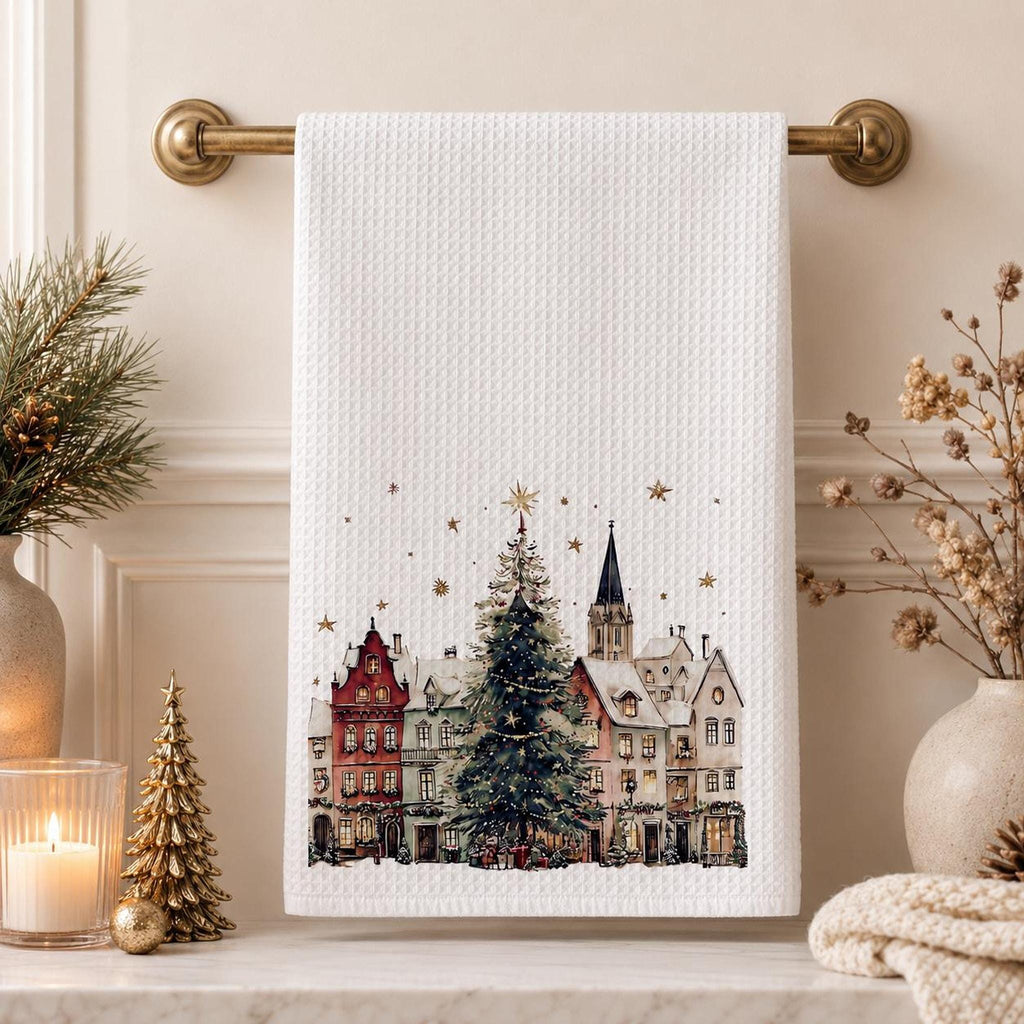 Christmas Towel with Winter Village Design, Waffle Hand for Kitchen or Bath