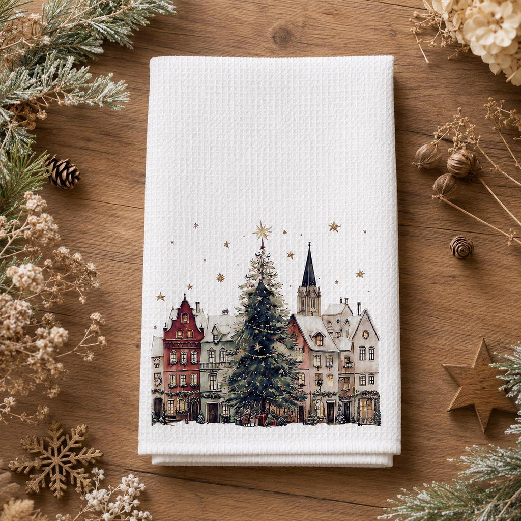 Christmas Towel with Winter Village Design, Waffle Hand for Kitchen or Bath