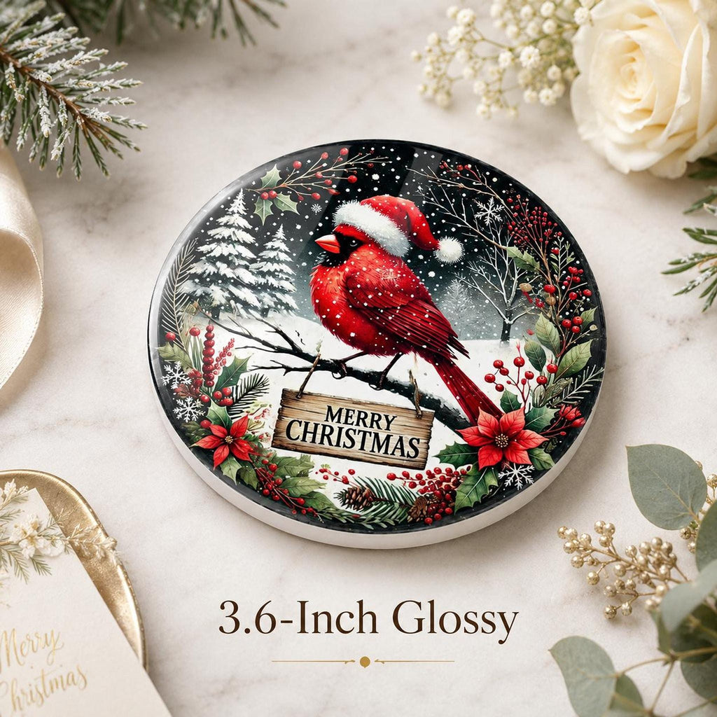 Christmas Coaster Featuring Cardinal in Santa Hat, Round Ceramic Drink Mat