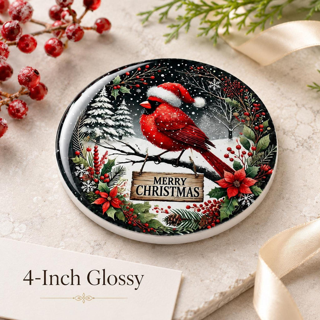 Christmas Coaster Featuring Cardinal in Santa Hat, Round Ceramic Drink Mat