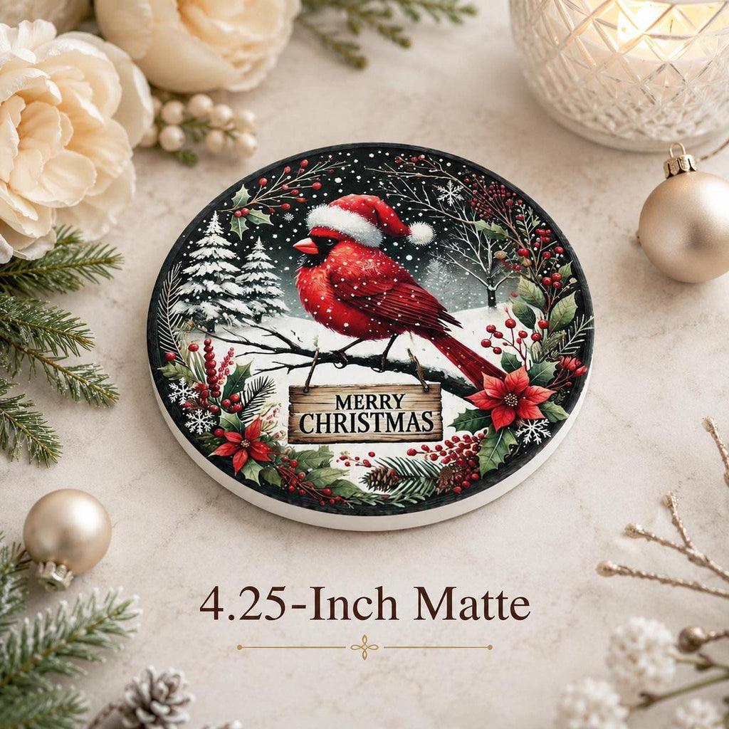 Christmas Coaster Featuring Cardinal in Santa Hat, Round Ceramic Drink Mat