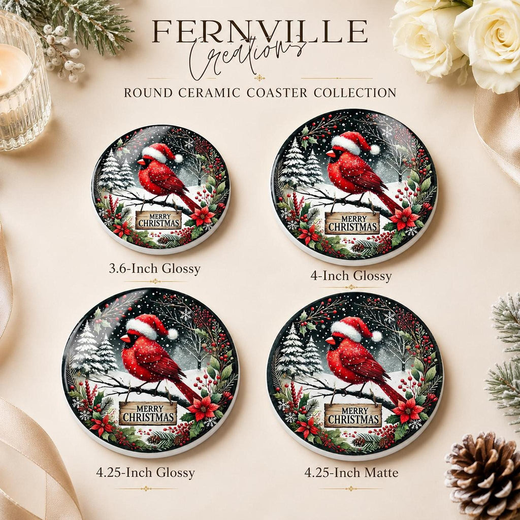 Christmas Coaster Featuring Cardinal in Santa Hat, Round Ceramic Drink Mat