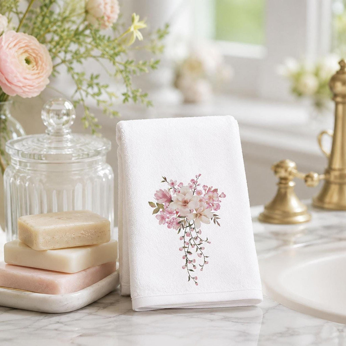 Pink Floral Towel, Elegant Fingertip for Powder Room Accent