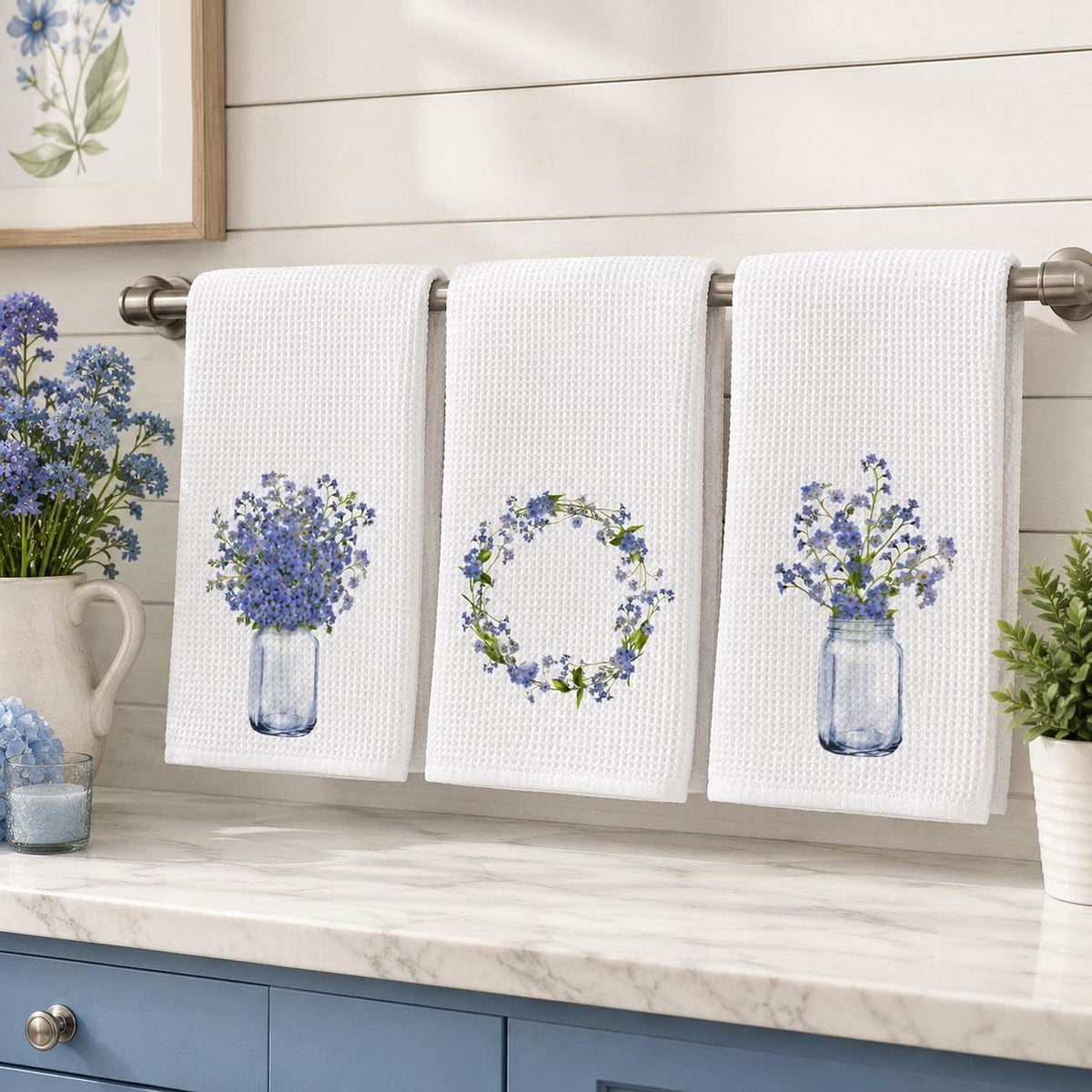 Forget Me Not Waffle Towel, Blue Floral Kitchen Accent with Personalization