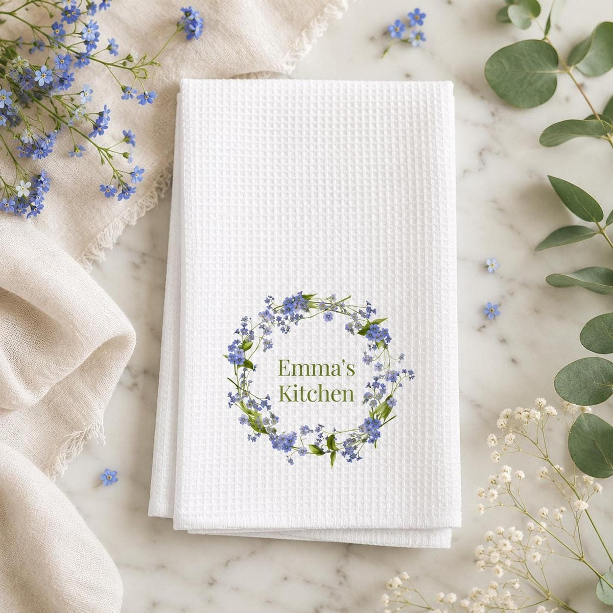 Forget Me Not Waffle Towel, Blue Floral Kitchen Accent with Personalization