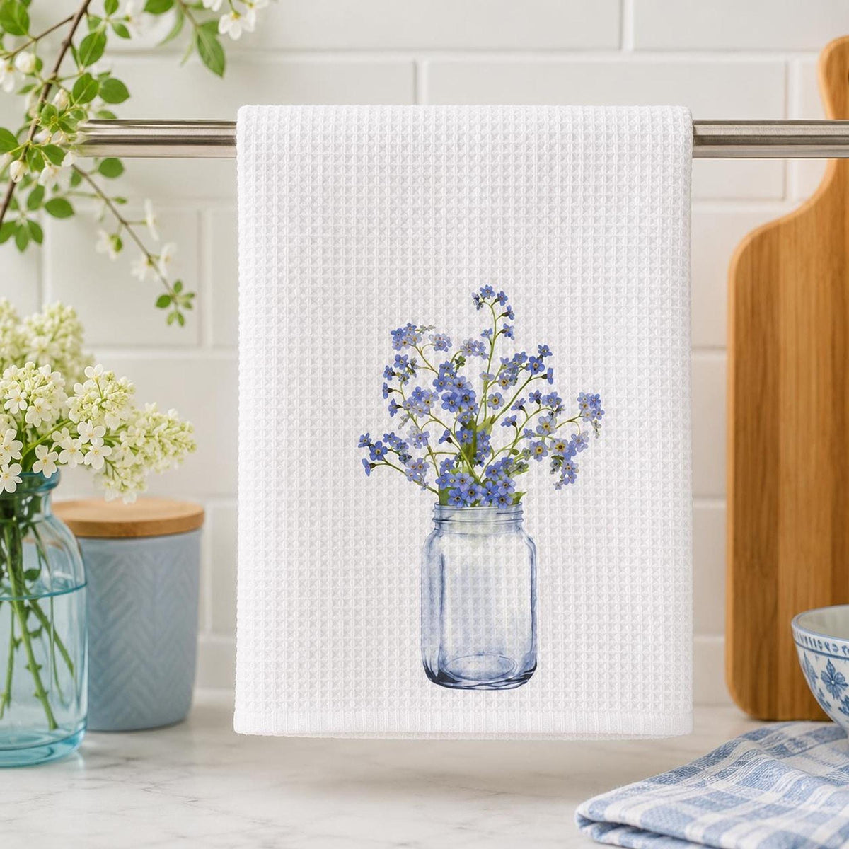 Forget Me Not Waffle Towel, Blue Floral Kitchen Accent with Personalization