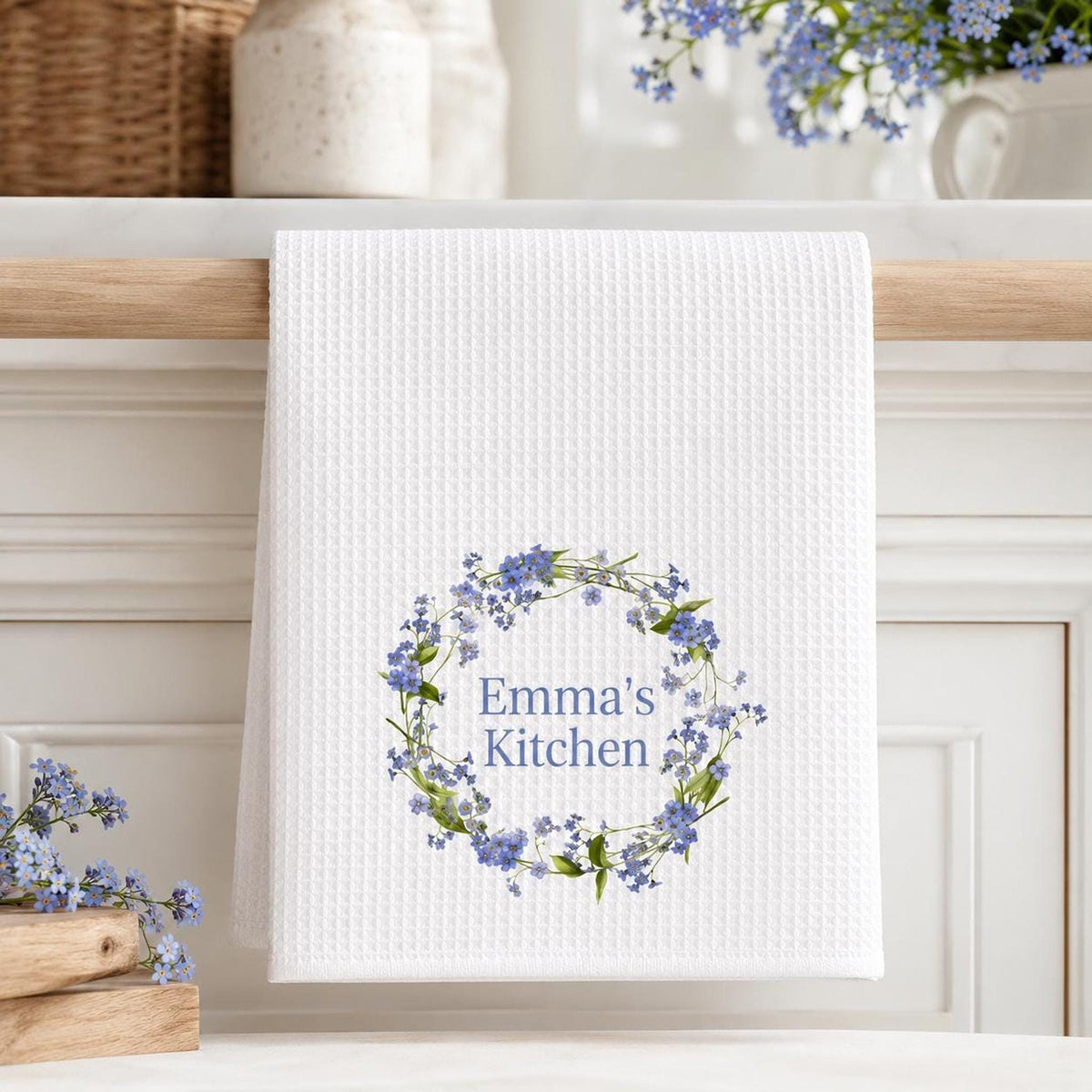 Forget Me Not Waffle Towel, Blue Floral Kitchen Accent with Personalization
