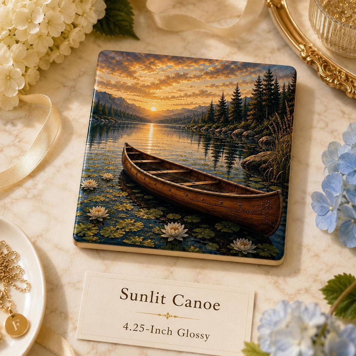 Lake Coaster with Scenic Artwork, Glossy Ceramic Design for Cabin Decor