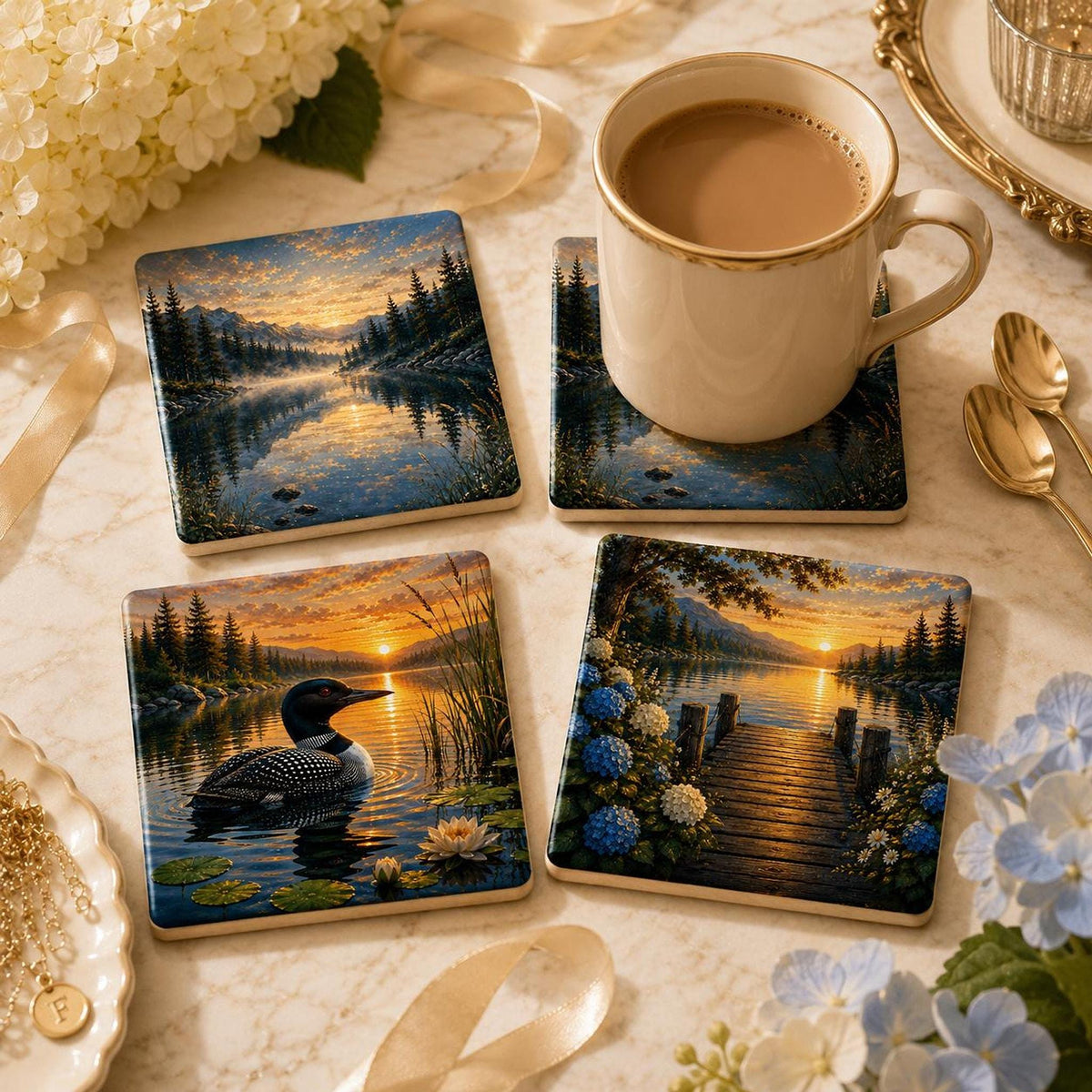 Lake Coaster with Scenic Artwork, Glossy Ceramic Design for Cabin Decor