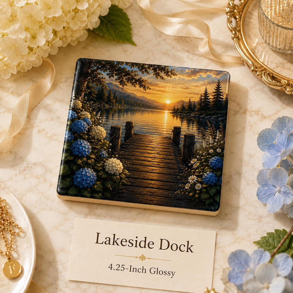 Lake Coaster with Scenic Artwork, Glossy Ceramic Design for Cabin Decor