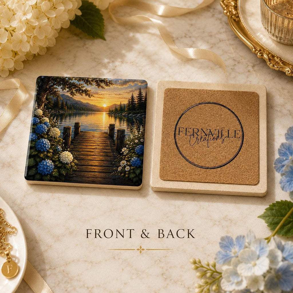 Lake Coaster with Scenic Artwork, Glossy Ceramic Design for Cabin Decor