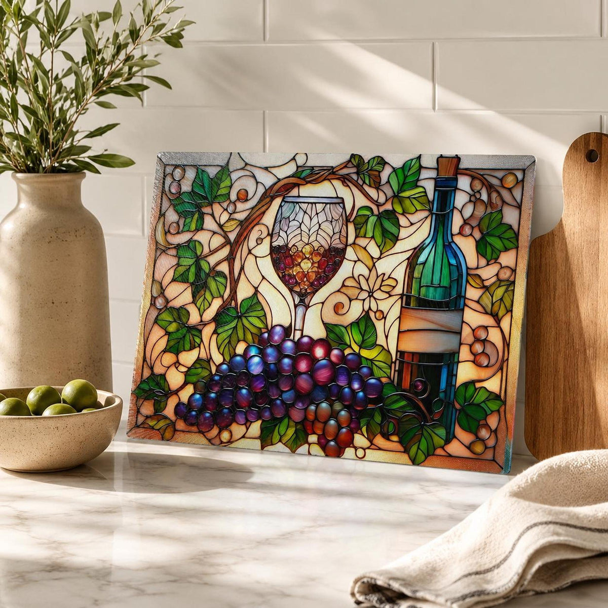 Wine Cutting Board, Tempered Glass Charcuterie with Vineyard Design