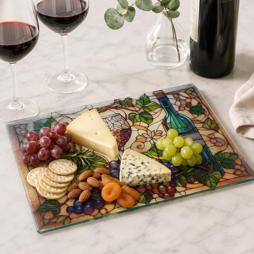 Wine Cutting Board, Tempered Glass Charcuterie with Vineyard Design