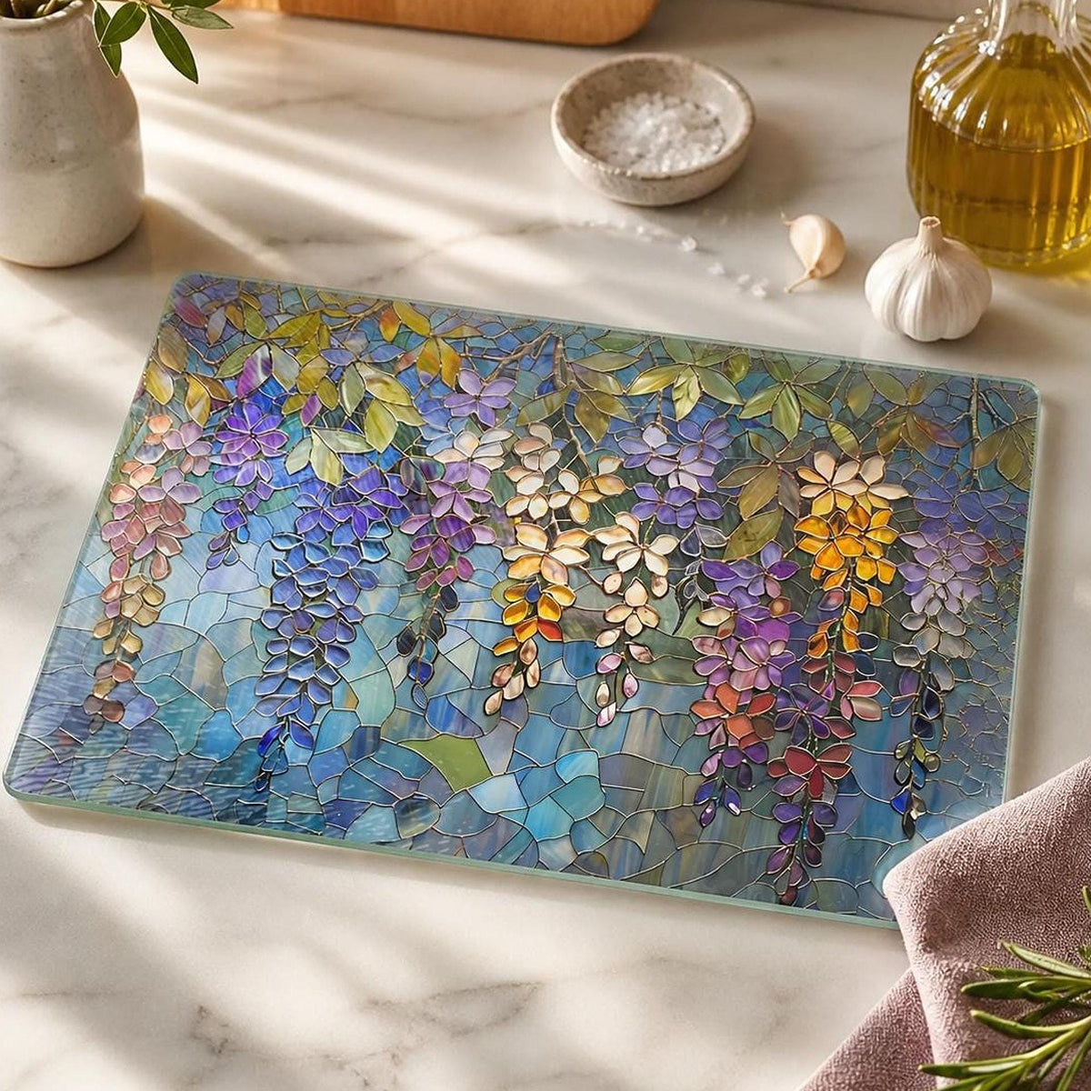 Wisteria Tempered Glass Board, Decorative Serving Tray with Floral Art
