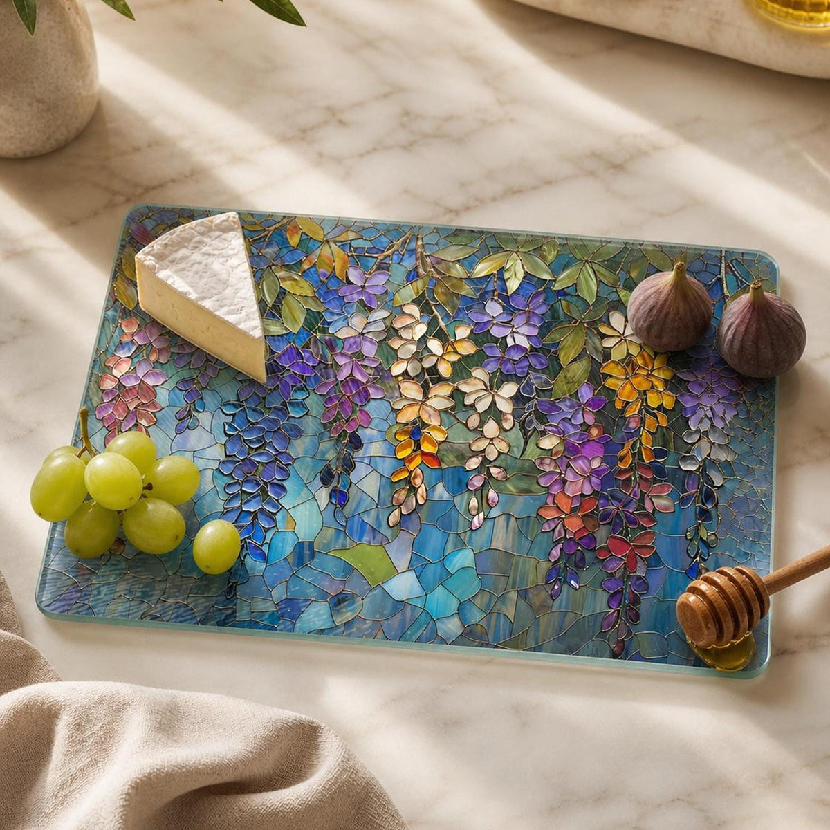 Wisteria Tempered Glass Board, Decorative Serving Tray with Floral Art