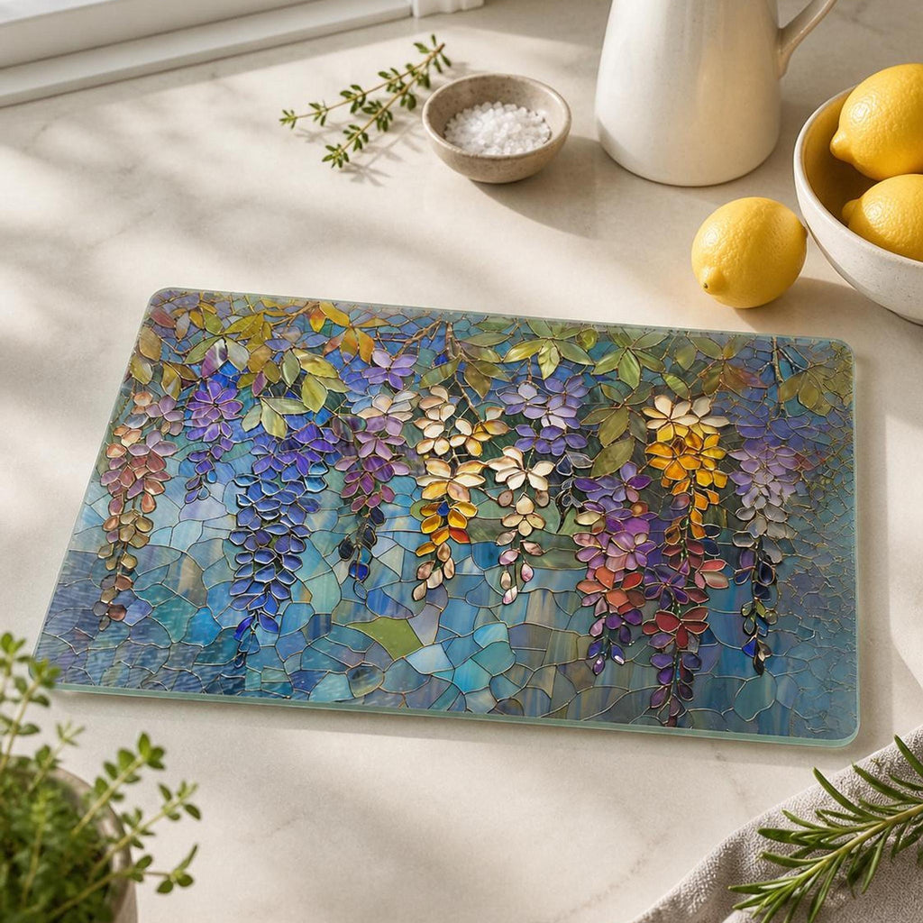 Wisteria Tempered Glass Board, Decorative Serving Tray with Floral Art