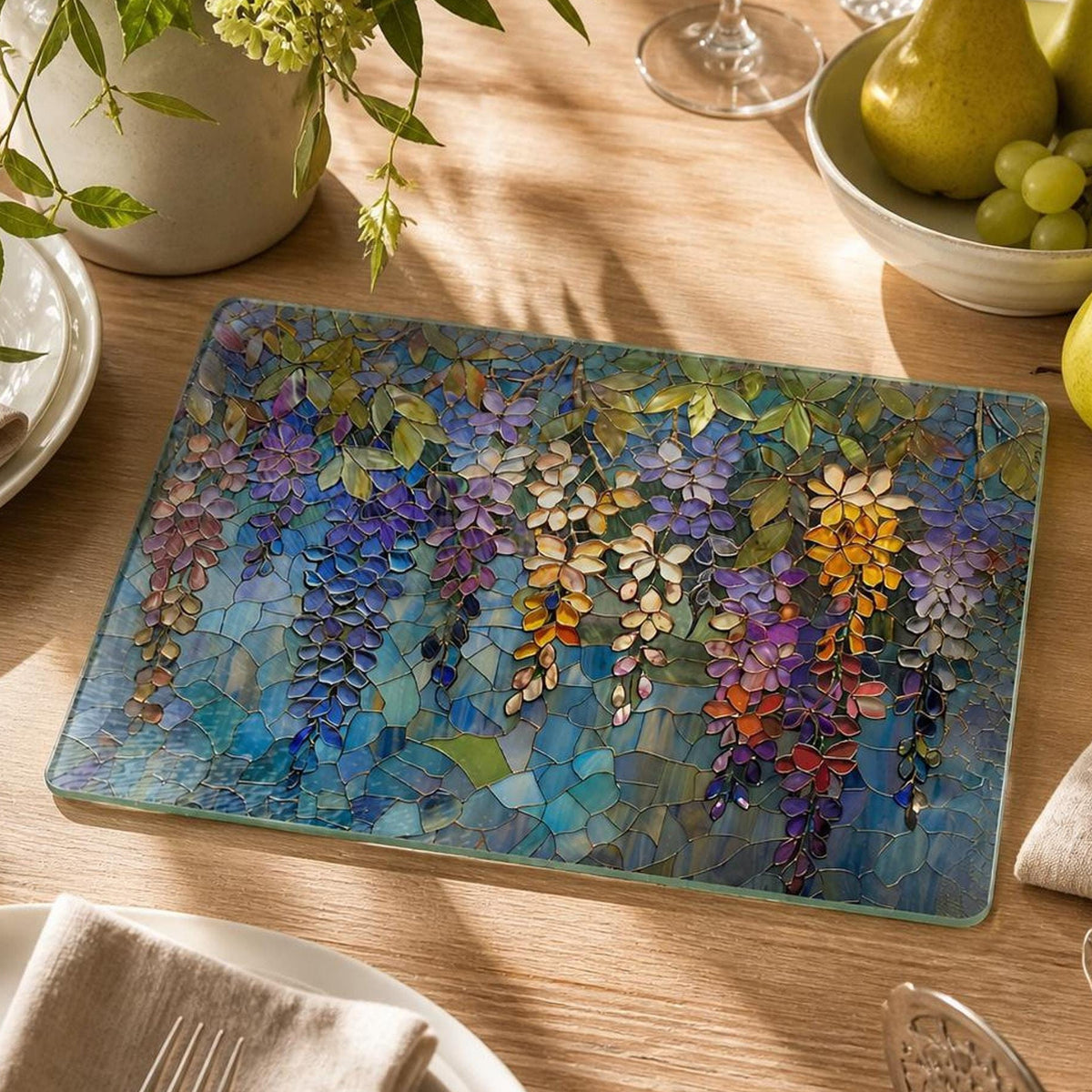 Wisteria Tempered Glass Board, Decorative Serving Tray with Floral Art