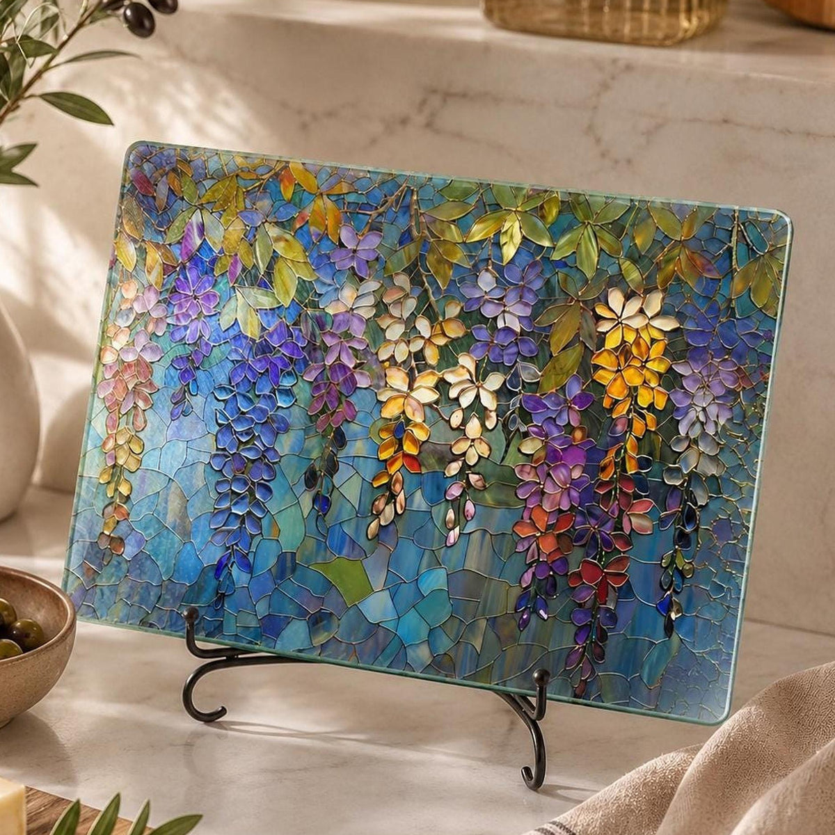 Wisteria Tempered Glass Board, Decorative Serving Tray with Floral Art