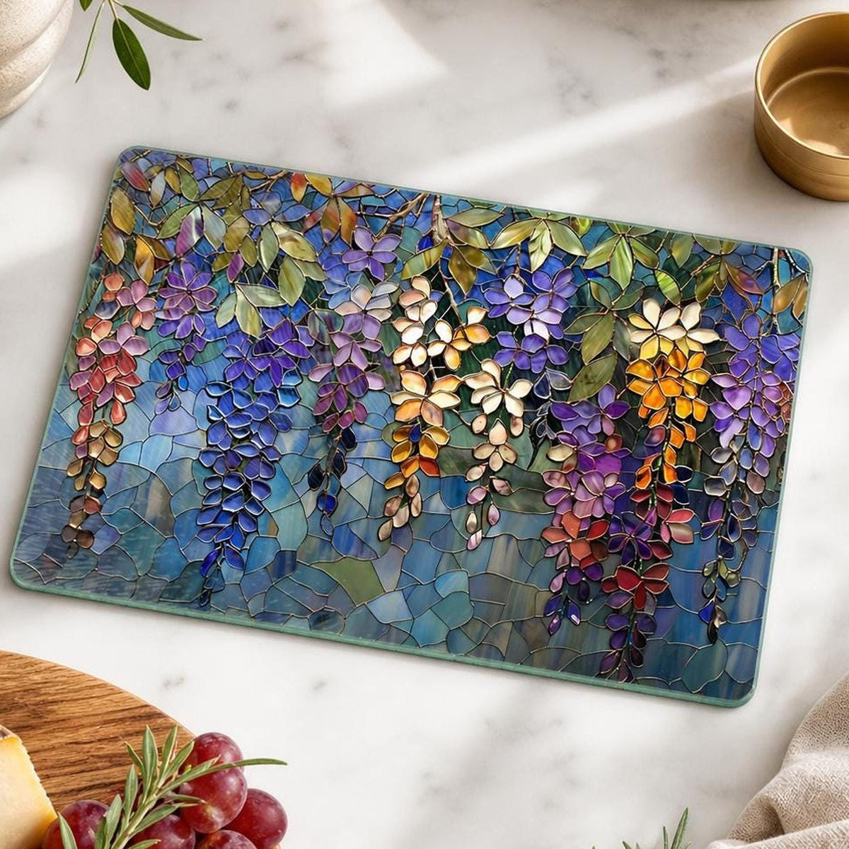 Wisteria Tempered Glass Board, Decorative Serving Tray with Floral Art