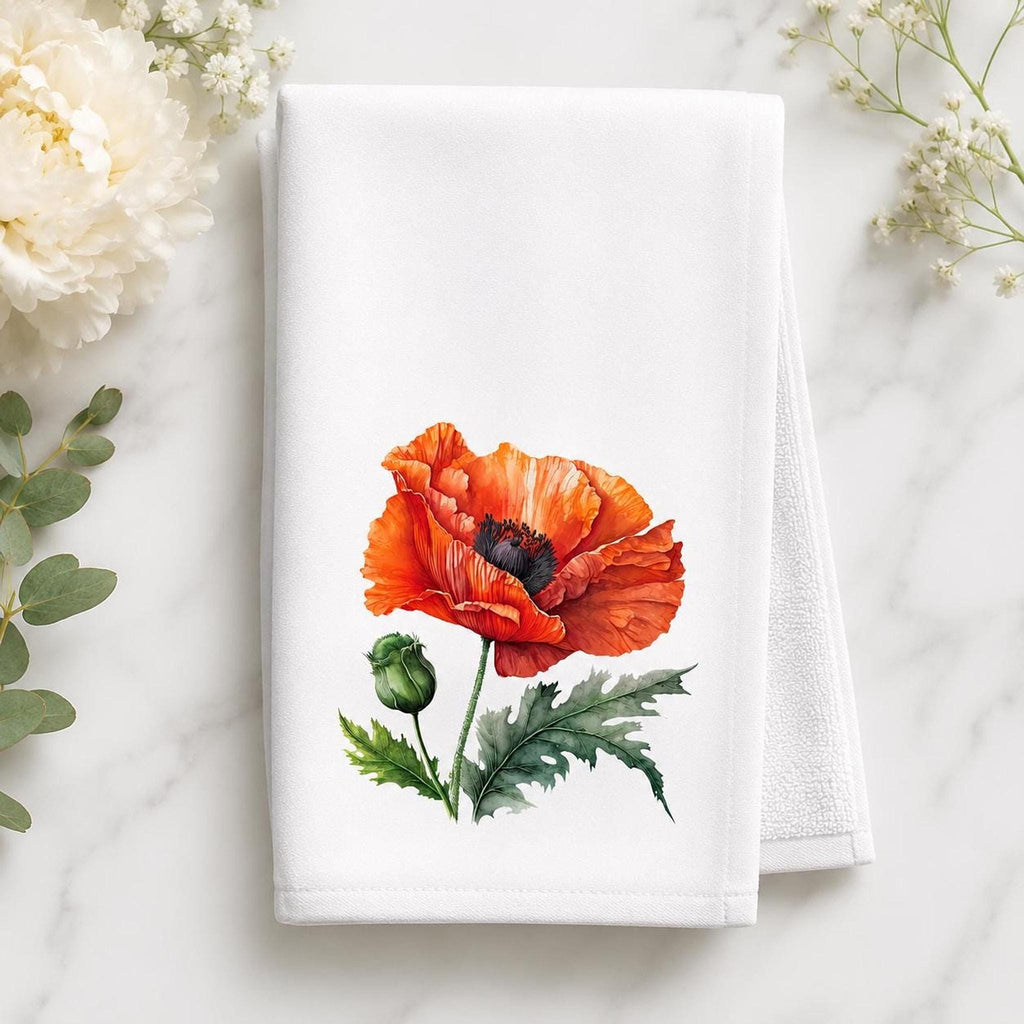 Orange Poppy Hand Towel, Floral Bathroom Decor, Botanical Guest Bath Accent