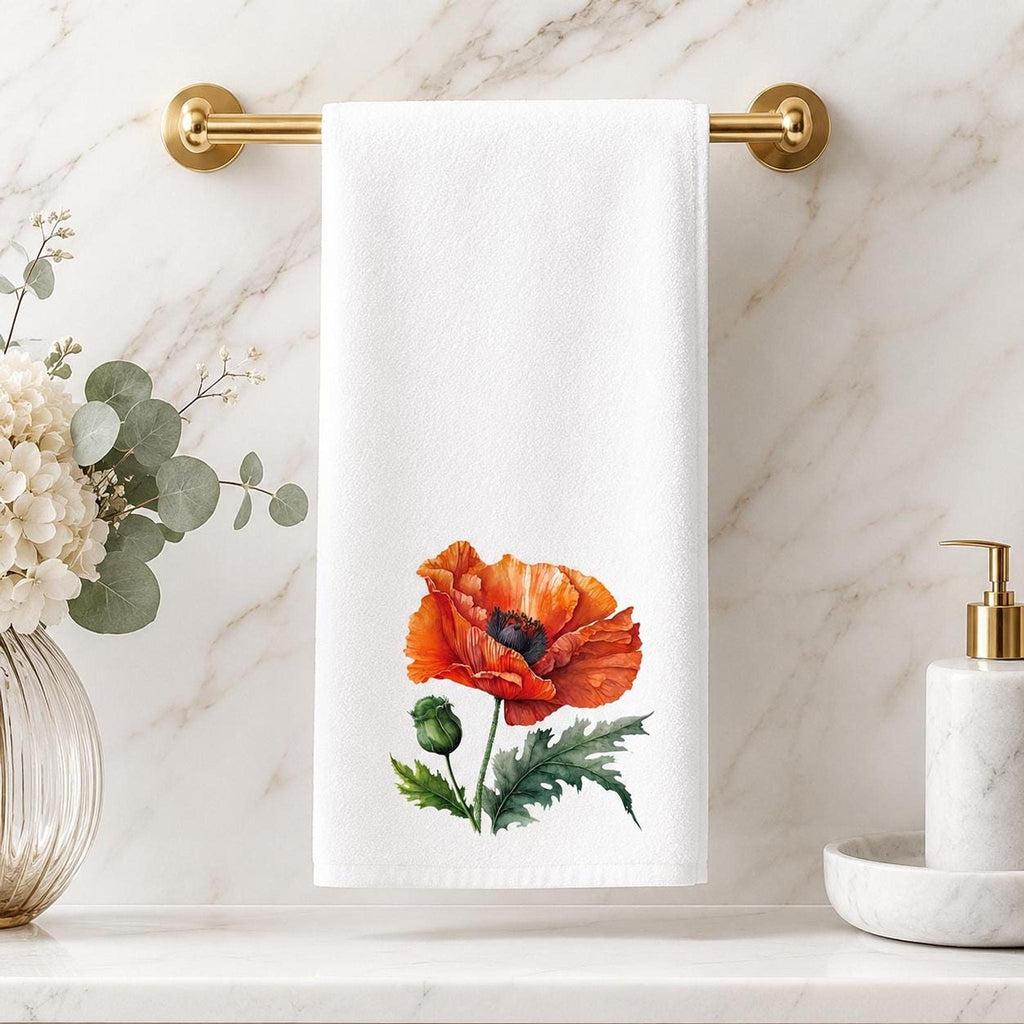 Orange Poppy Hand Towel, Floral Bathroom Decor, Botanical Guest Bath Accent