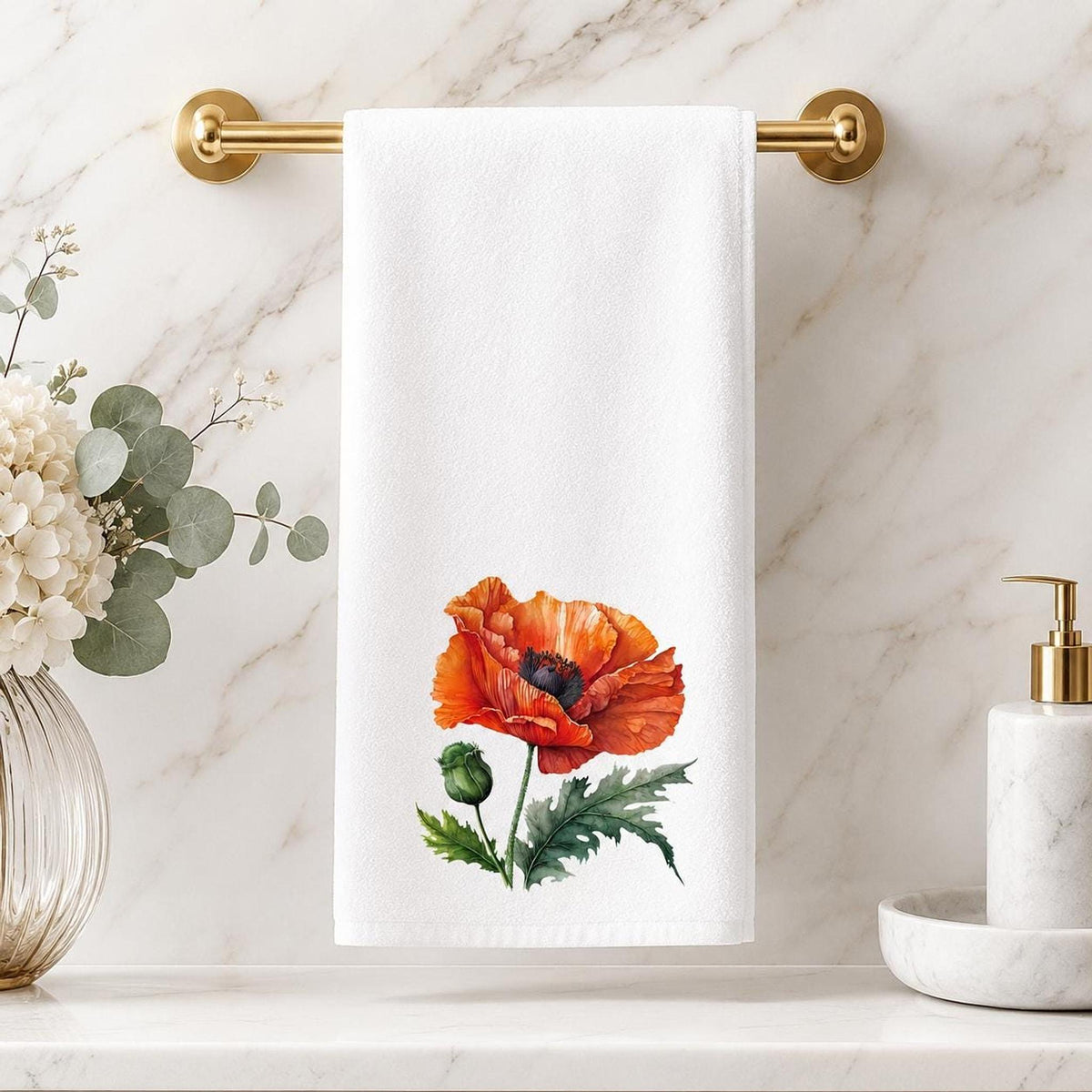 Orange Poppy Hand Towel, Floral Bathroom Decor, Botanical Guest Bath Accent