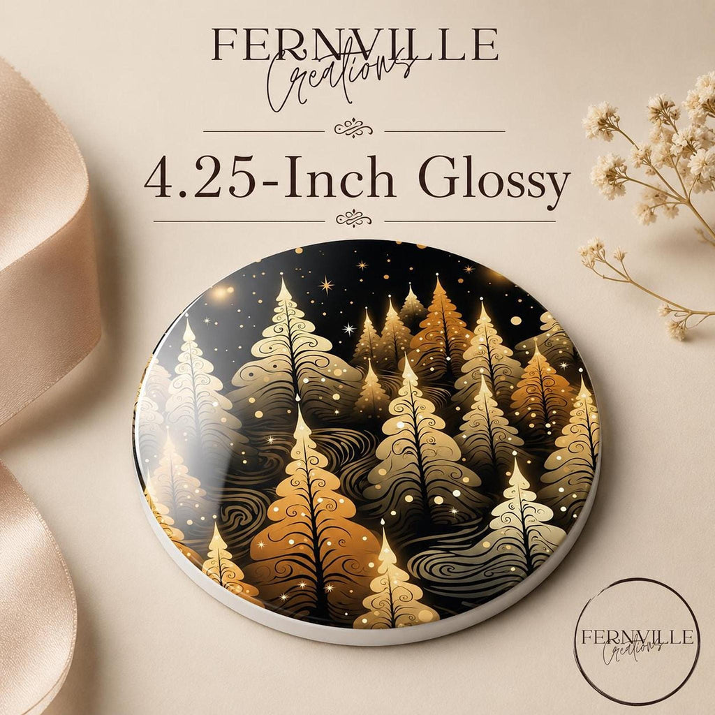 Christmas Coaster with Golden Tree Design, Elegant Ceramic Holiday Decor
